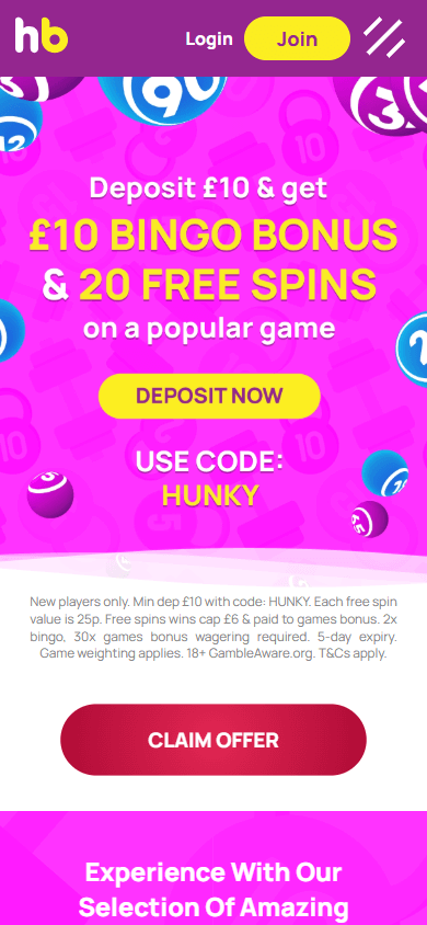Hunky Bingo Casino Mobile screenshot